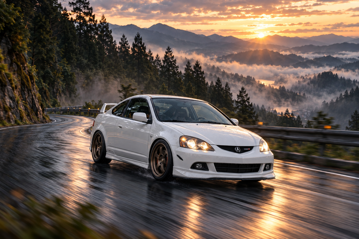 White Acura RSX on a Japanese mountain road at sunrise