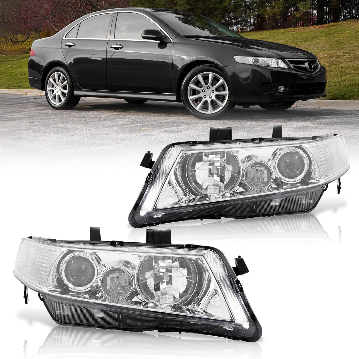 Acura TSX 2004-2008 Factory Style Headlights Chrome Housing Clear Len Clear Reflector