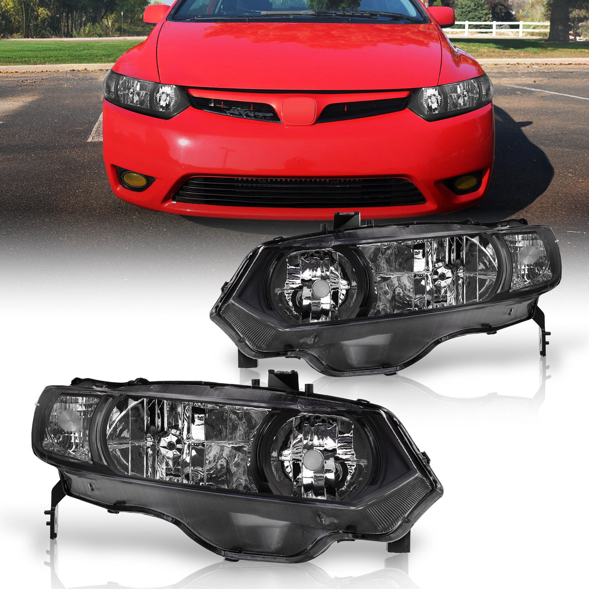 Honda Civic Coupe 2006-2011 Factory Style Headlights Black Housing Clear Len Clear Reflector