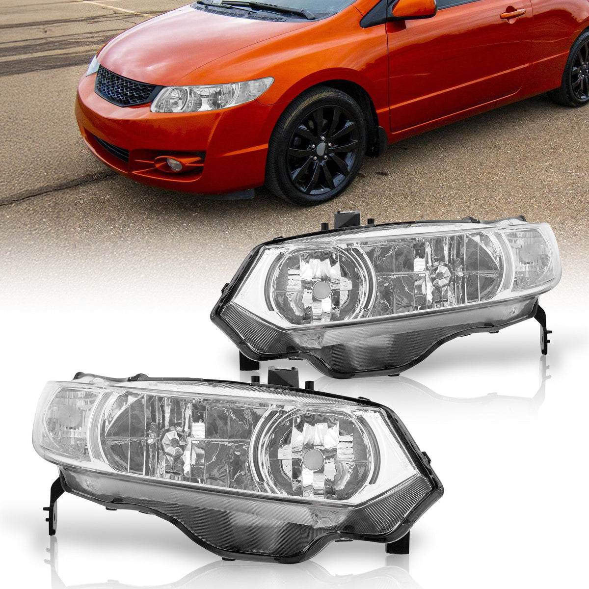 Honda Civic Coupe 2006-2011 Factory Style Headlights Chrome Housing Clear Len Clear Reflector