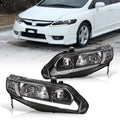 Honda Civic Sedan 2006-2011 LED DRL Bar Factory Style Headlights Black Housing Clear Len Clear Reflector