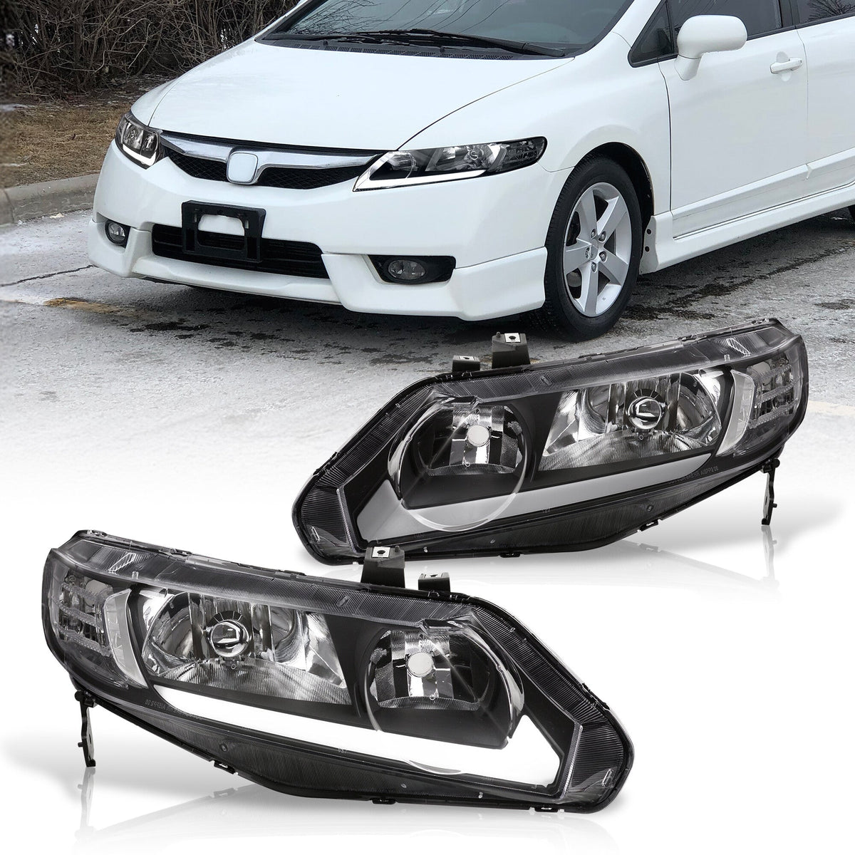 Honda Civic Sedan 2006-2011 LED DRL Bar Factory Style Headlights Black Housing Clear Len Clear Reflector