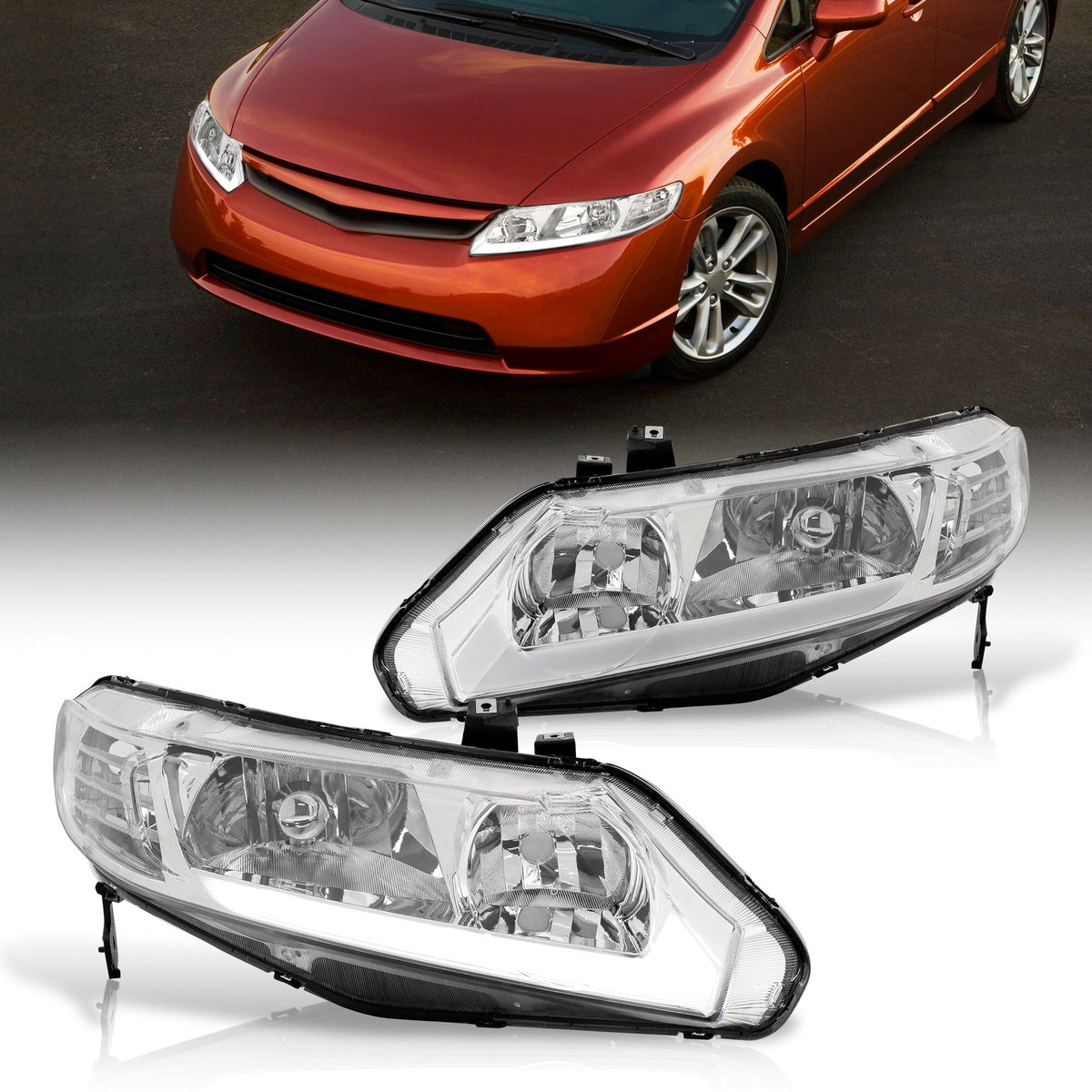 Honda Civic Sedan 2006-2011 LED DRL Bar Factory Style Headlights Chrome Housing Clear Len Clear Reflector