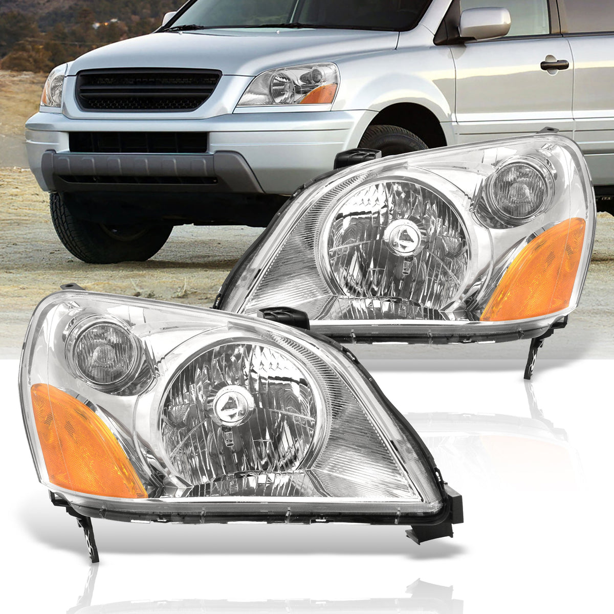 HONDA Pilot 2003-2005 Headlight Chrome Housing Clear Lens Amber Reflector