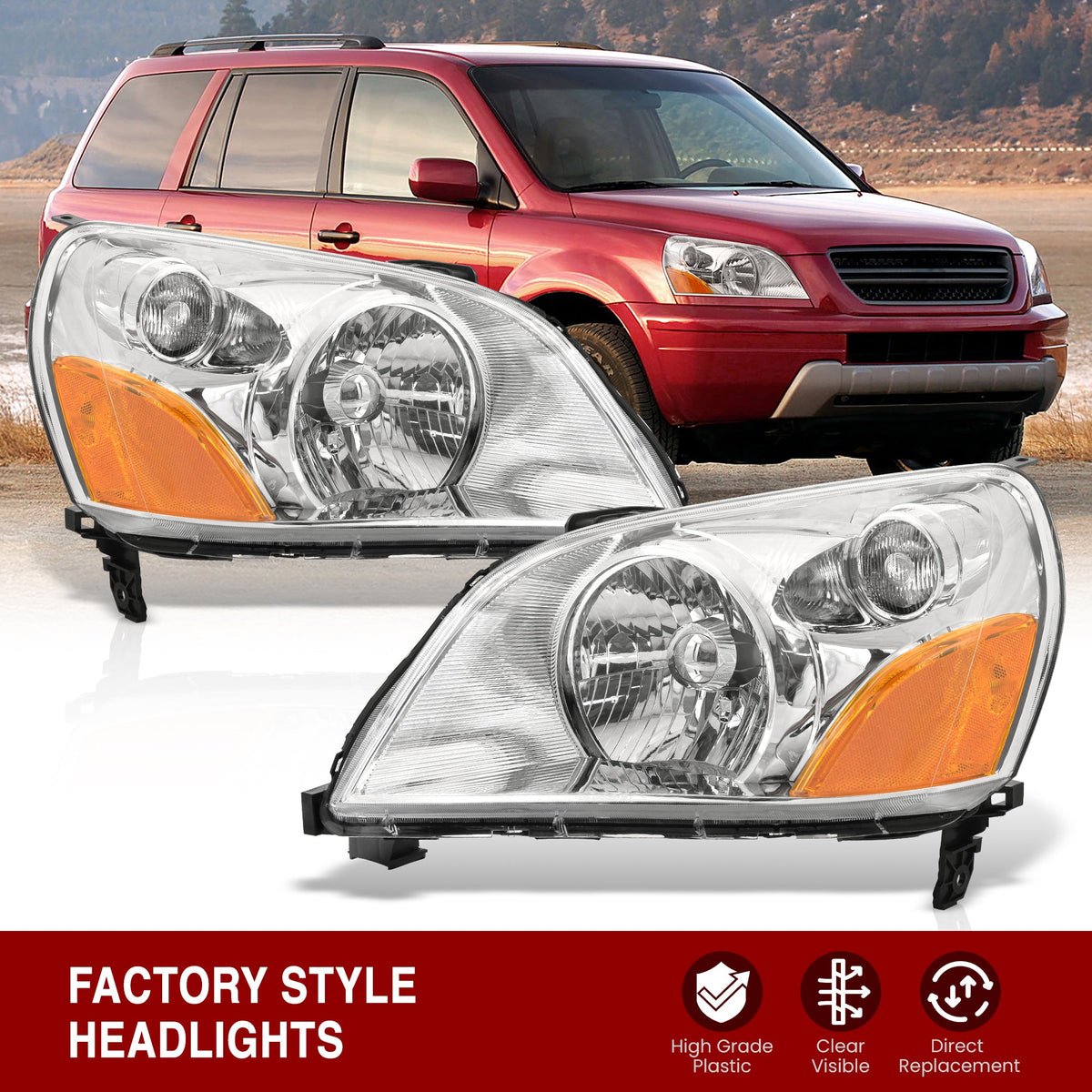 HONDA Pilot 2003-2005 Headlight Chrome Housing Clear Lens Amber Reflector — additional product view
