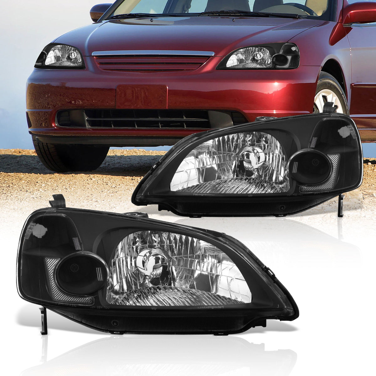 Honda Civic 2/4Door 2001-2003 Factory Style Headlights Black Housing Clear Len Clear Reflector