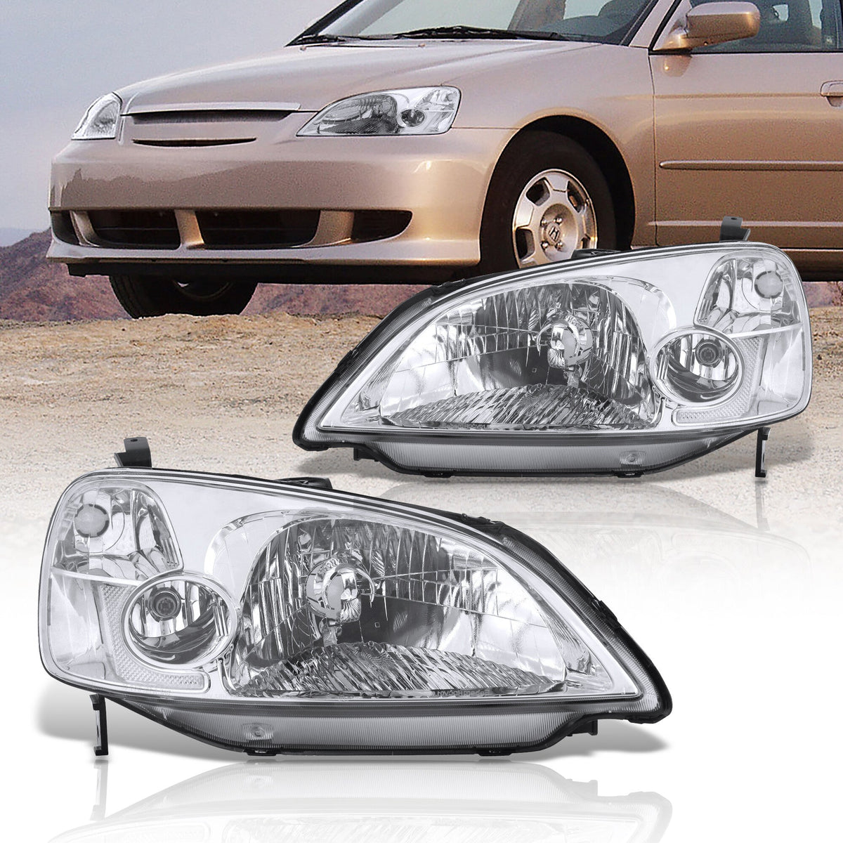 Honda Civic 2/4Door 2001-2003 Factory Style Headlights Chrome Housing Clear Len Clear Reflector