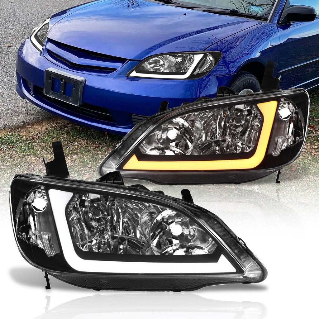 Honda Civic 2004-2005 Factory Style Headlights Black Housing Clear Len Clear Reflector Sequential DRL LED