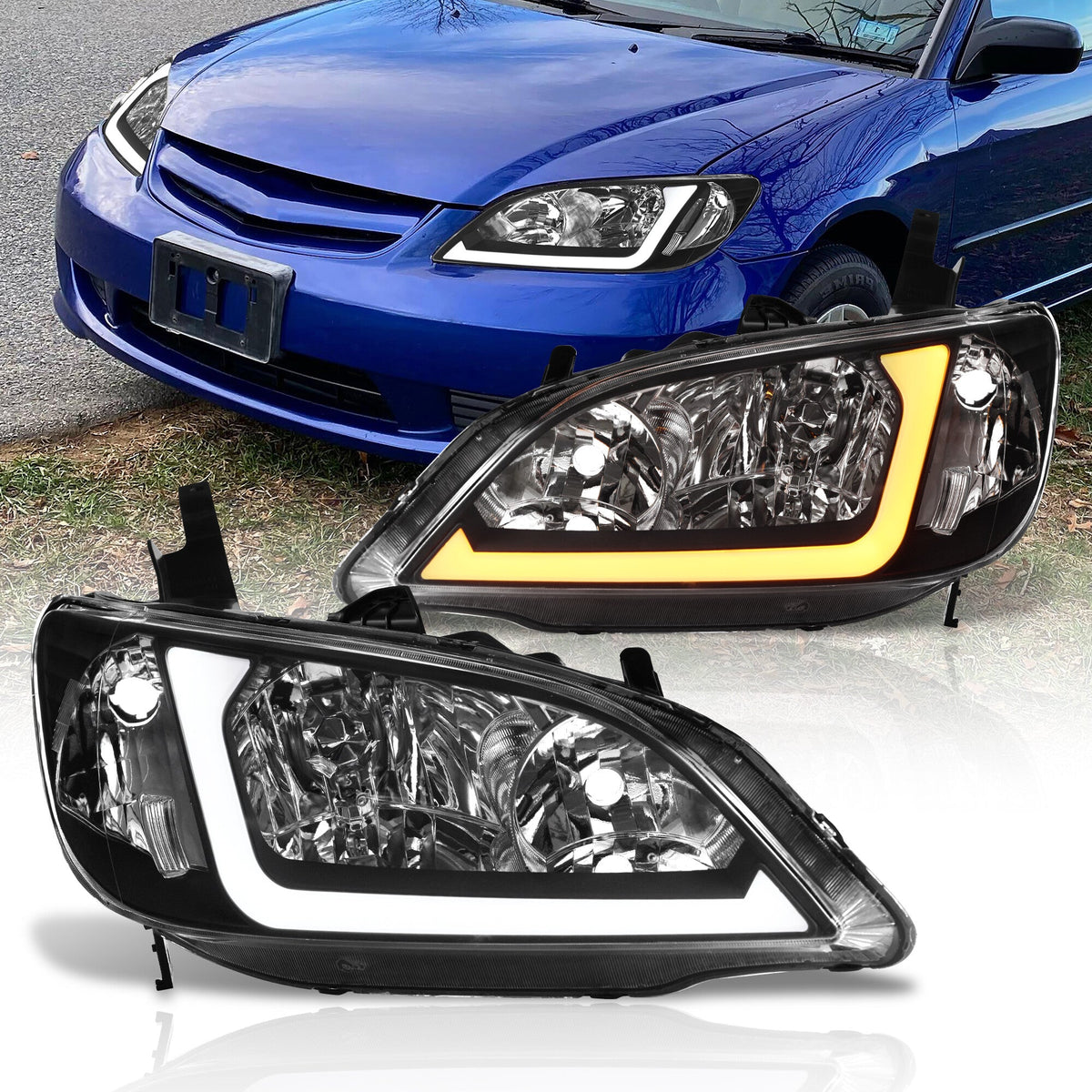 Honda Civic 2004-2005 Factory Style Headlights Black Housing Clear Len Clear Reflector Sequential DRL LED