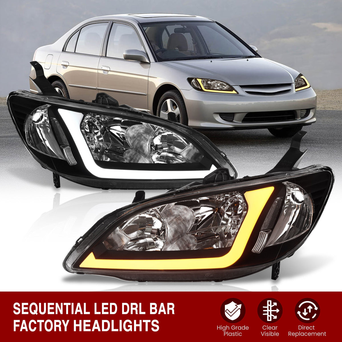 Honda Civic 2004-2005 Factory Style Headlights Black Housing Clear Len Clear Reflector Sequential DRL LED — additional product view