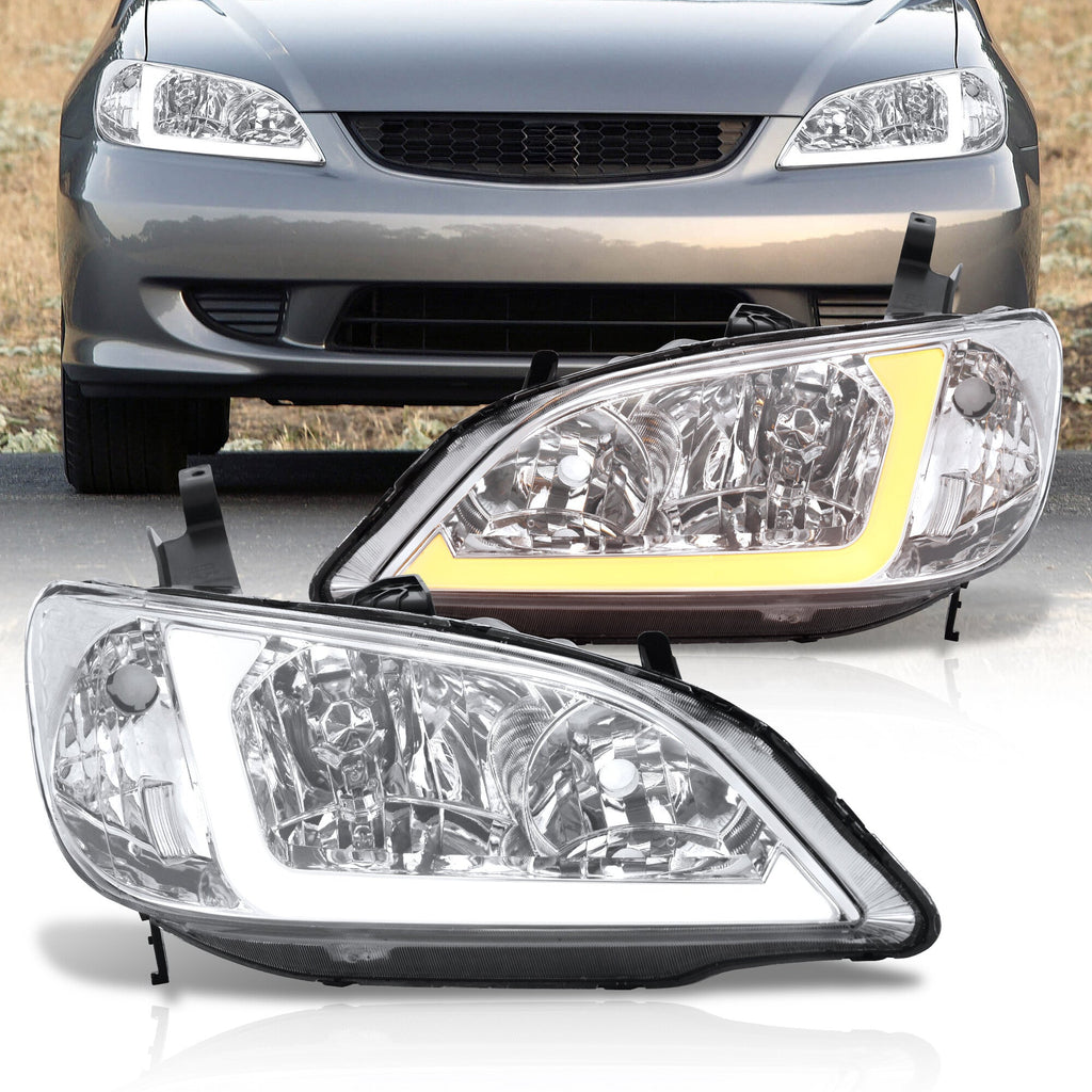 Honda Civic 2004-2005 Factory Style Headlights Chrome Housing Clear Len Clear Reflector Sequential DRL LED