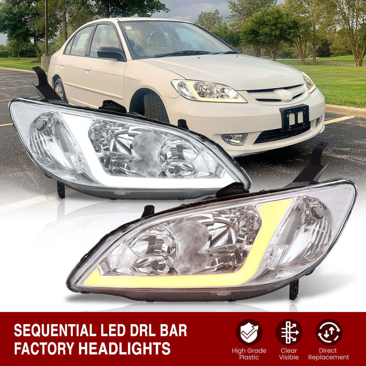 Honda Civic 2004-2005 Factory Style Headlights Chrome Housing Clear Len Clear Reflector Sequential DRL LED — additional product view
