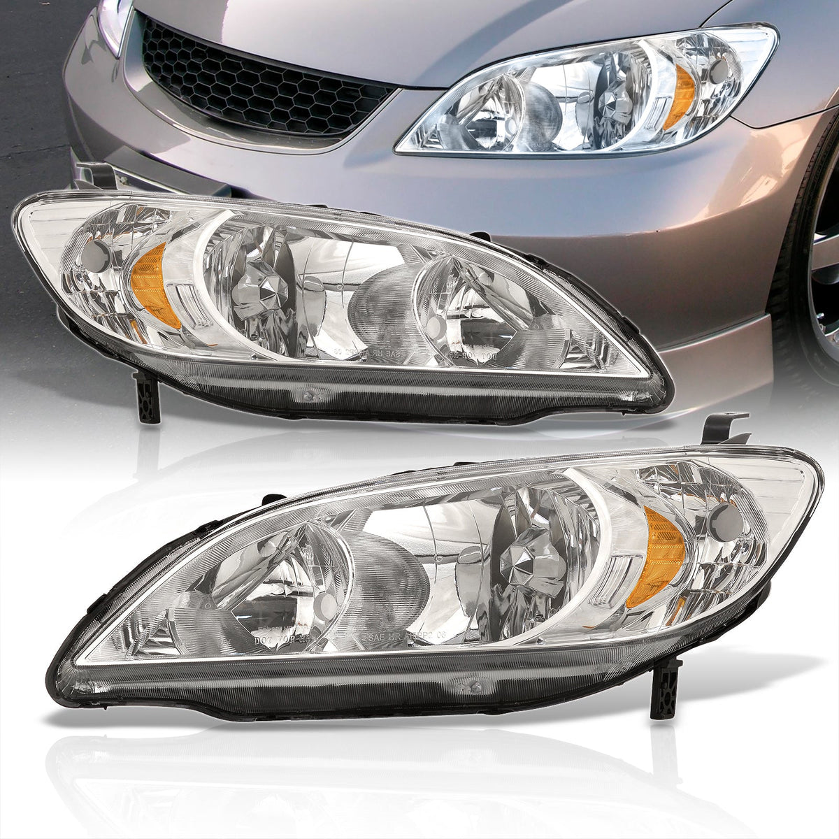 Honda Civic 2004-2005 Factory Style Headlights Chrome Housing Clear Len Amber Reflector