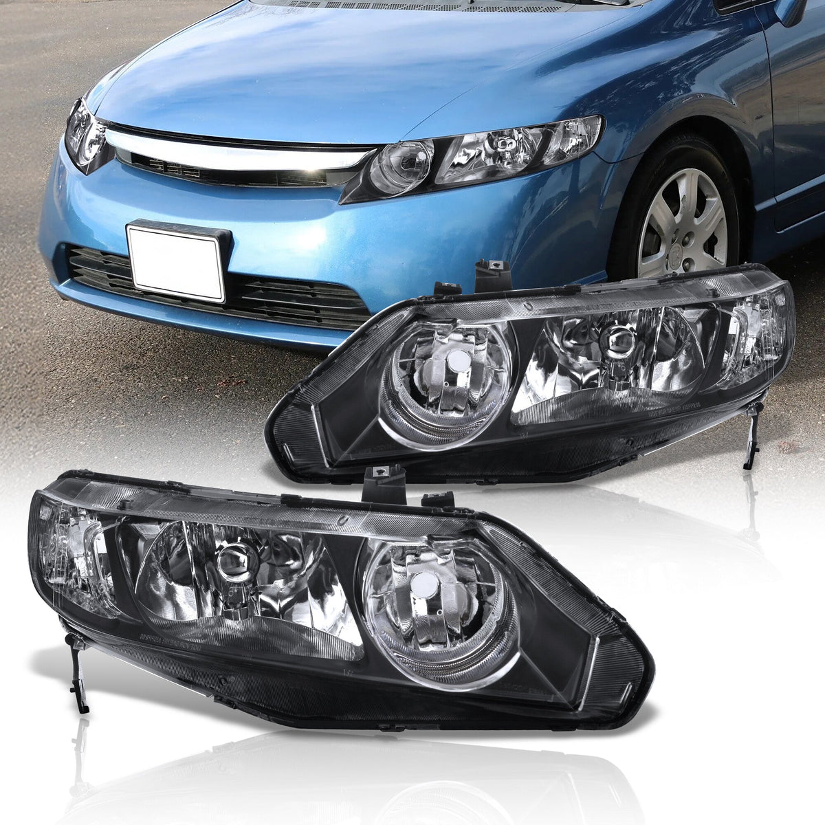 Honda Civic Sedan 2006-2011 Factory Style Headlights Black Housing Clear Len Clear Reflector