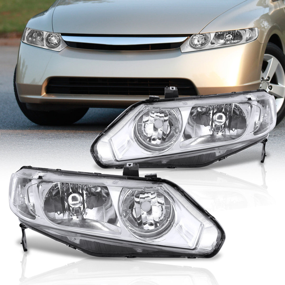 Honda Civic Sedan 2006-2011 Factory Style Headlights Chrome Housing Clear Len Clear Reflector