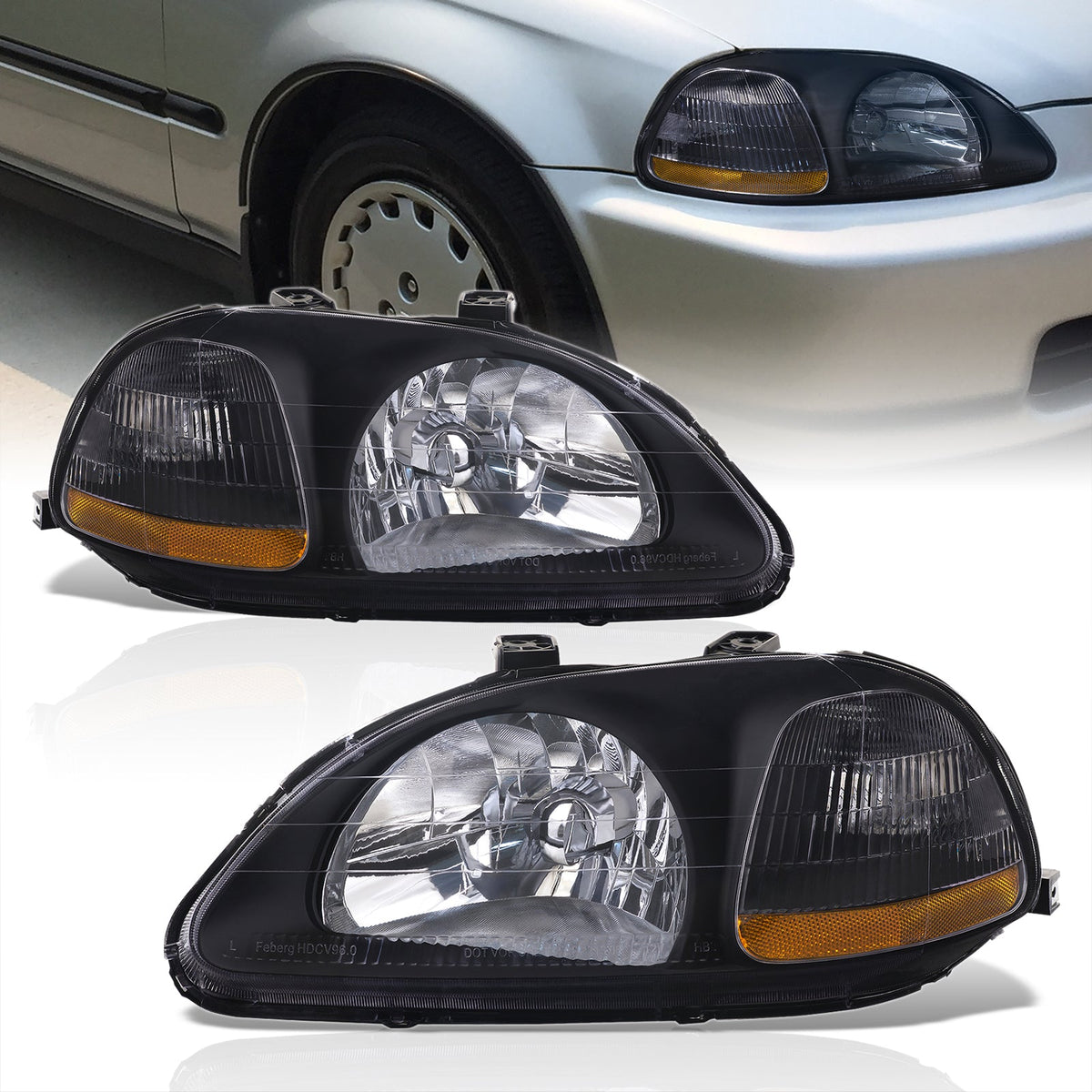 Honda Civic 1996-1998 Factory Style Headlights Black Housing Clear Len Amber Reflector