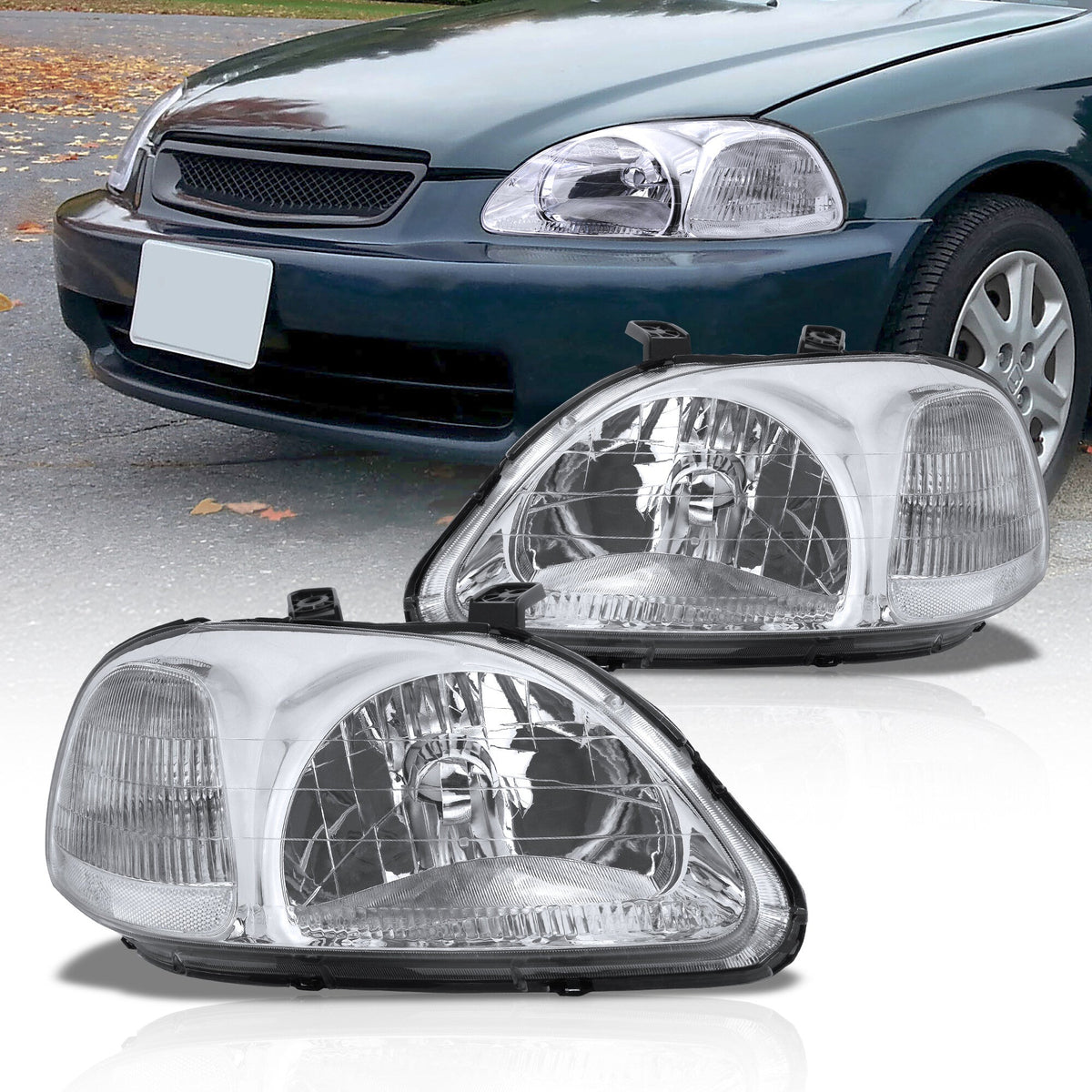 Honda Civic 1996-1998 Factory Style Headlights Chrome Housing Clear Len Clear Reflector
