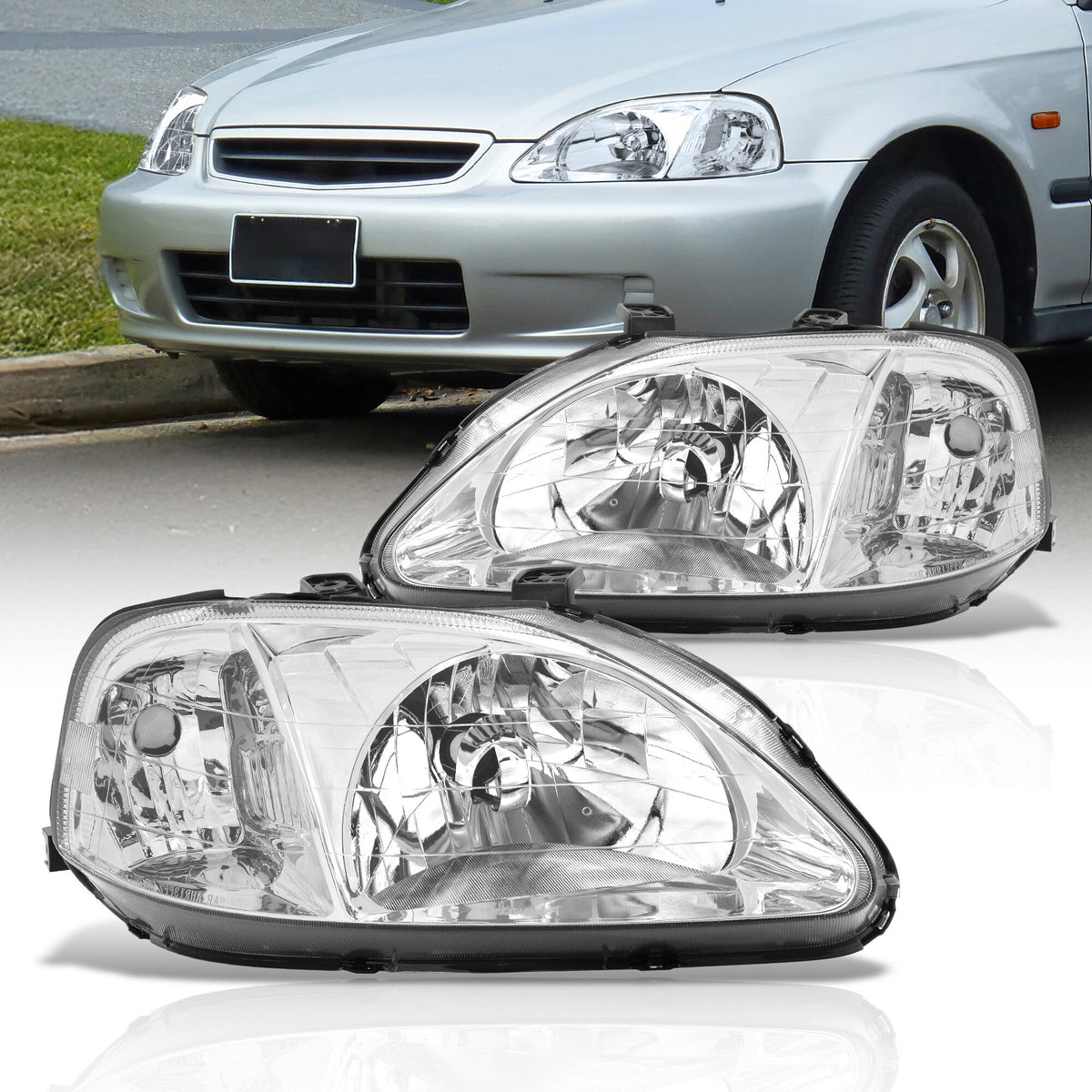 Honda Civic 1999-2000 Factory Style Headlights Chrome Housing Clear Len Clear Reflector