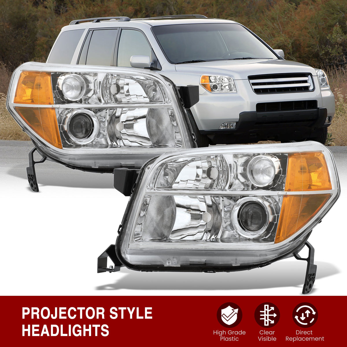 HONDA Pilot 2006-2008 Headlight Chrome Housing Clear Lens Amber Reflector — additional product view