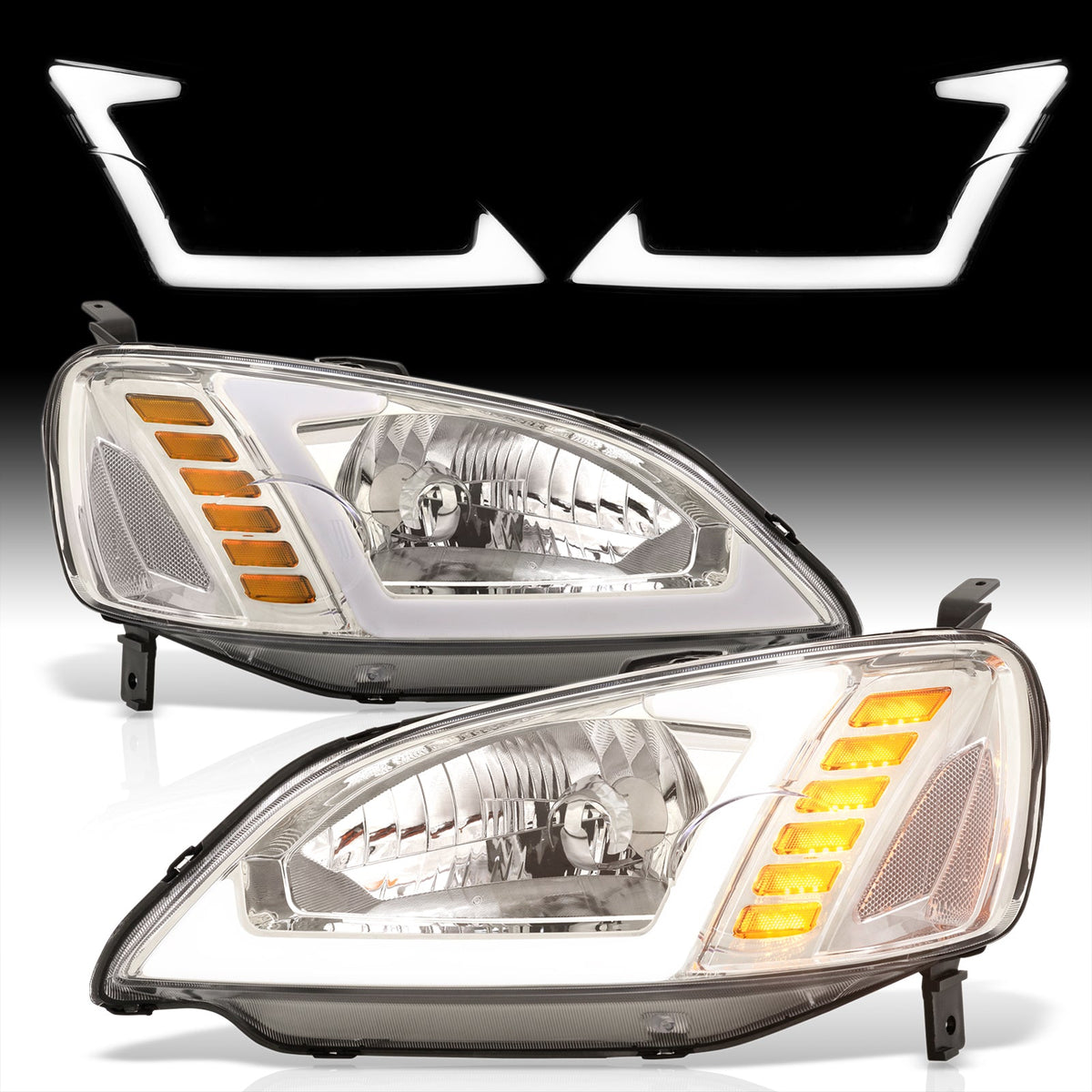 Honda Civic 2001-2003 Sequential LED DRL Bar Factory Style Headlights Chrome Housing Clear Len Clear Reflector — additional product view
