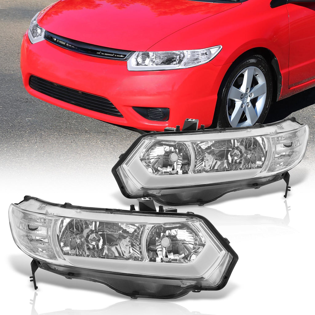 Honda Civic Coupe 2006-2011 Sequential LED DRL Bar Factory Style Headlights Chrome Housing Clear Len Clear Reflector