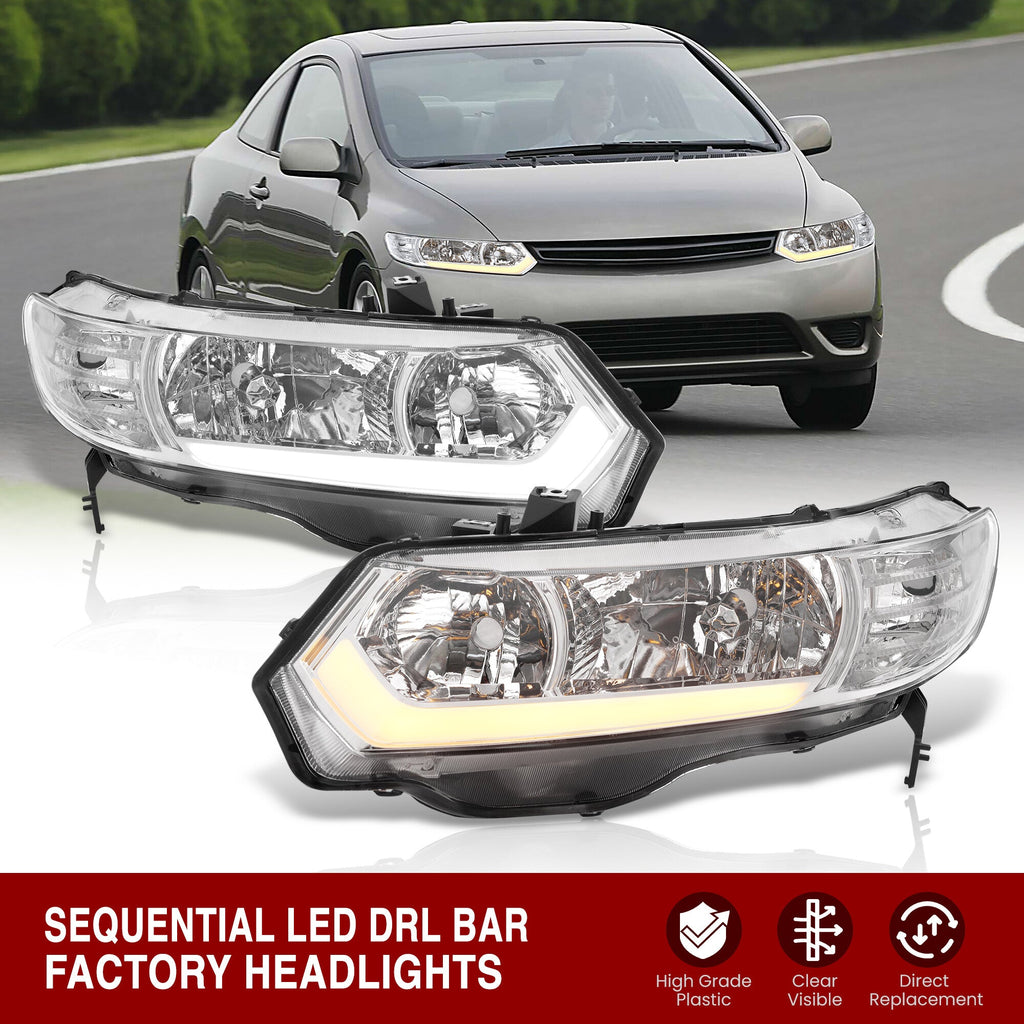 Honda Civic Coupe 2006-2011 Sequential LED DRL Bar Factory Style Headlights Chrome Housing Clear Len Clear Reflector — additional product view