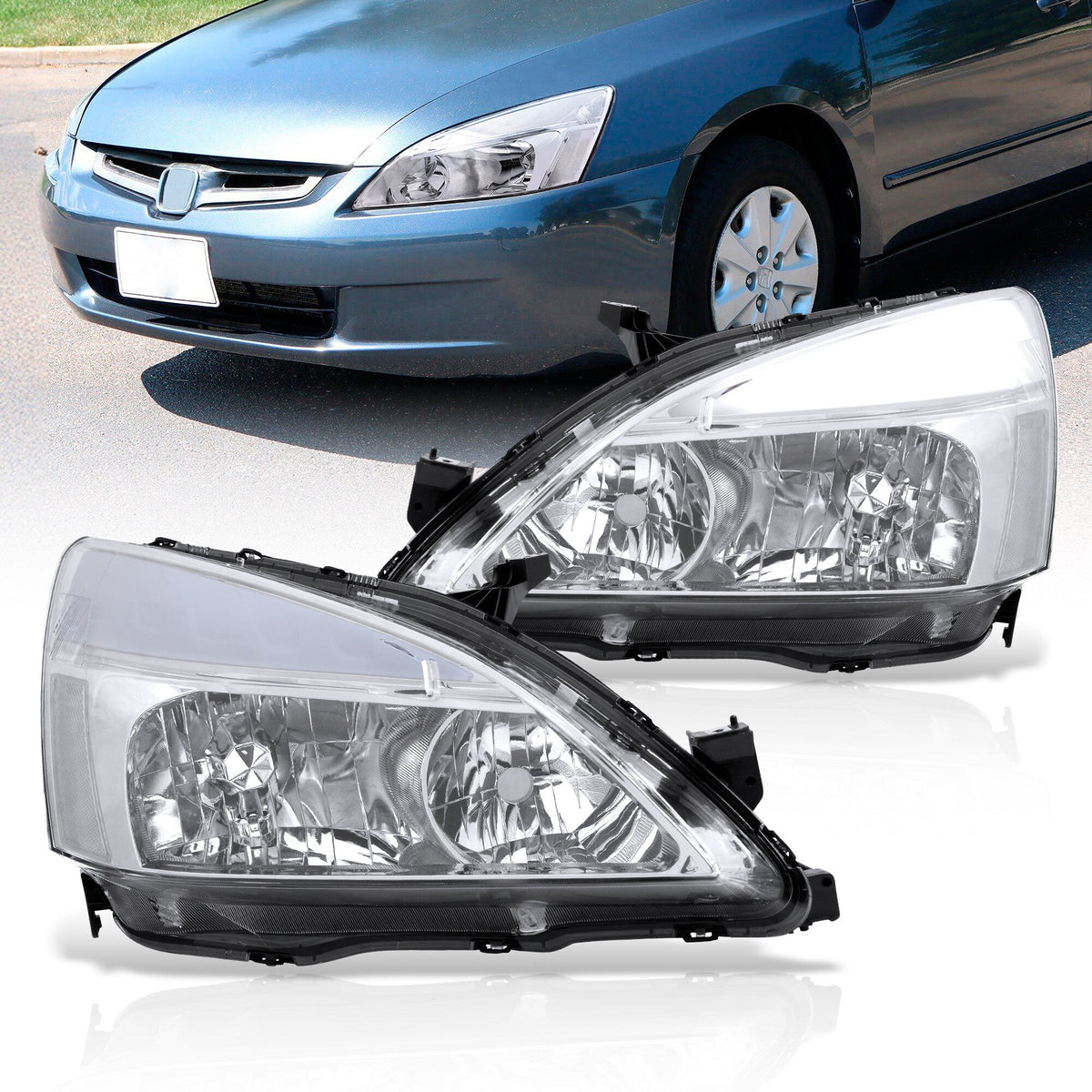 Honda Accord 2003-2007 LED DRL Bar Factory Style Headlights Chrome Housing Clear Len Clear Reflector