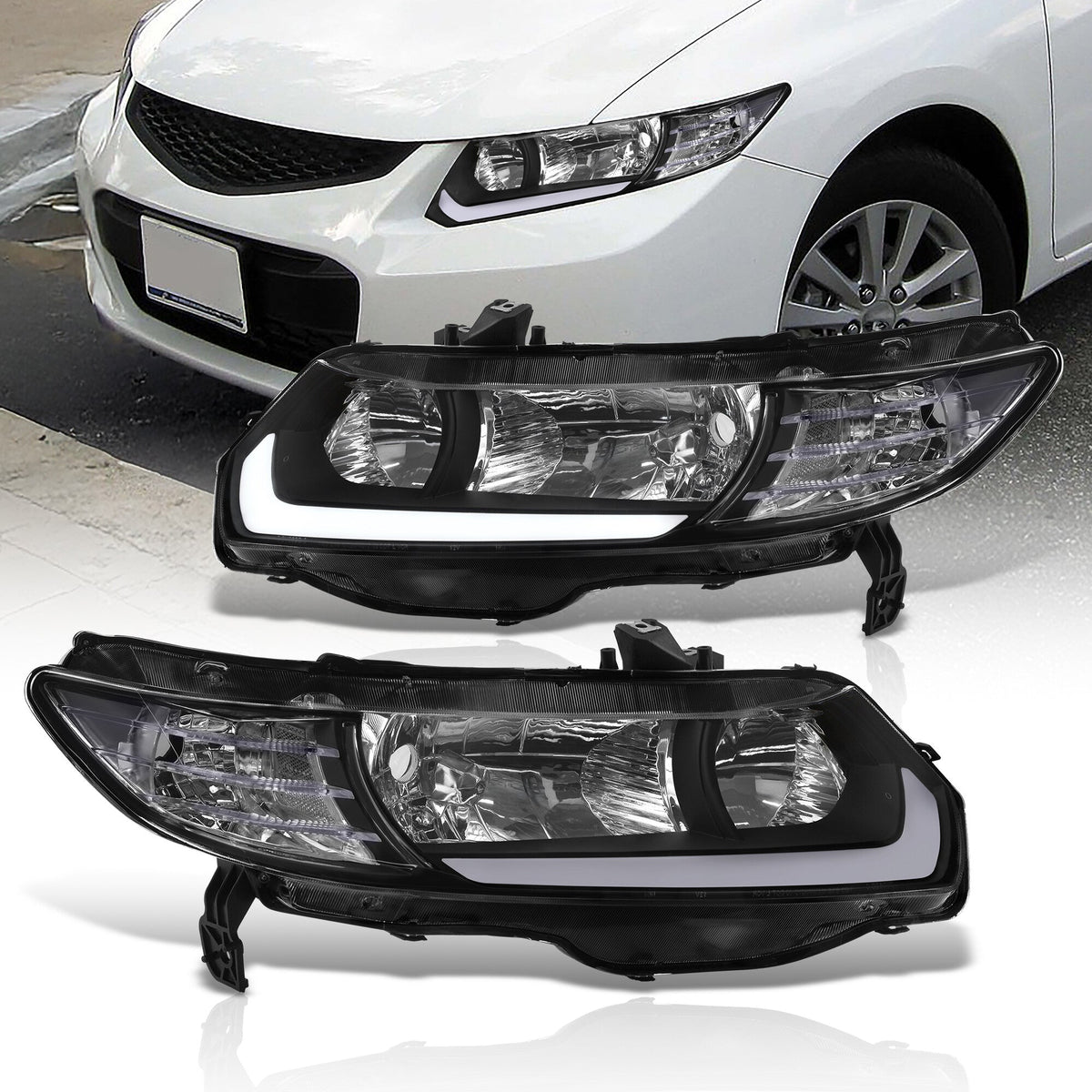 Honda Civic Coupe 2006-2011 LED DRL Bar Factory Style Headlights Black Housing Clear Len Clear Reflector