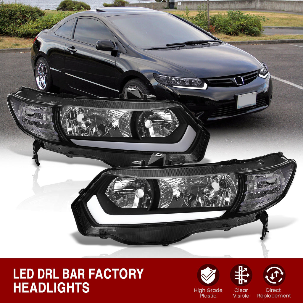 Honda Civic Coupe 2006-2011 LED DRL Bar Factory Style Headlights Black Housing Clear Len Clear Reflector — additional product view