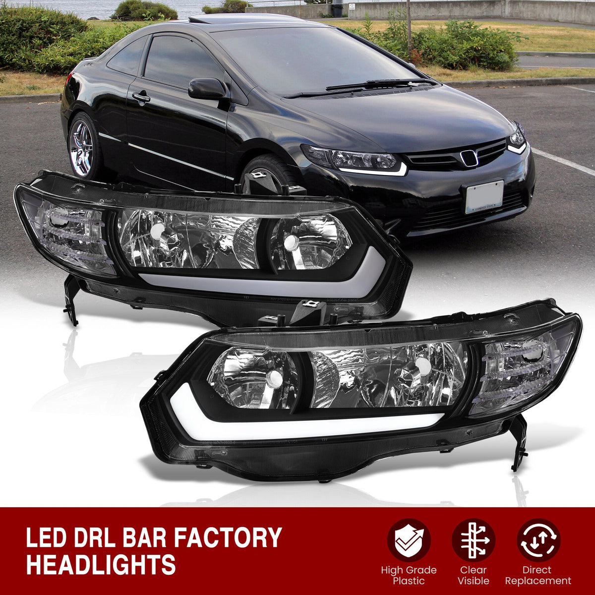 Honda Civic Coupe 2006-2011 LED DRL Bar Factory Style Headlights Black Housing Clear Len Clear Reflector — additional product view