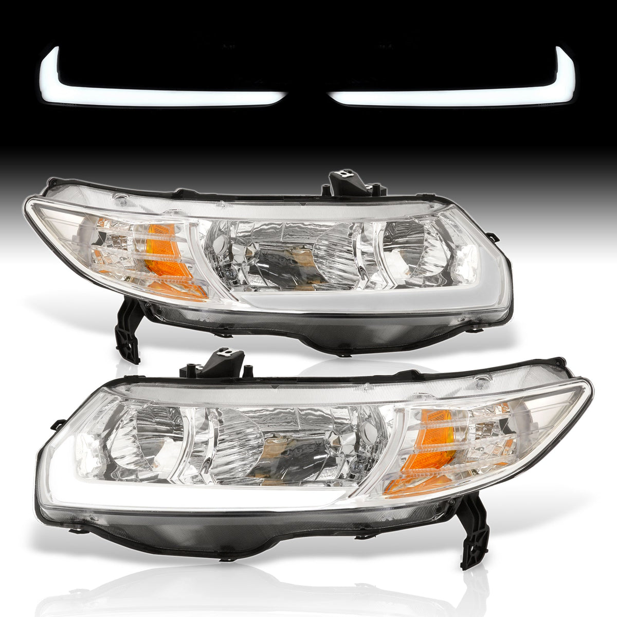 Honda Civic Coupe 2006-2011 LED DRL Bar Factory Style Headlights Chrome Housing Clear Len Amber Reflector — additional product view