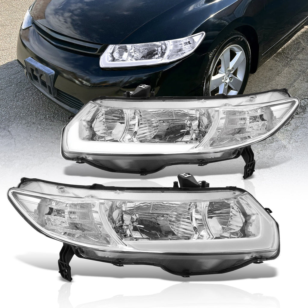 Honda Civic Coupe 2006-2011 LED DRL Bar Factory Style Headlights Chrome Housing Clear Len Clear Reflector