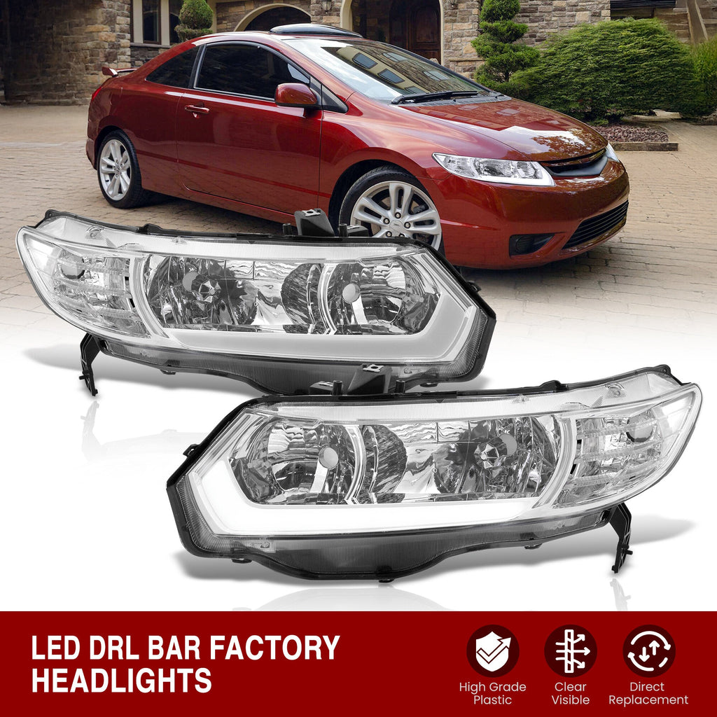 Honda Civic Coupe 2006-2011 LED DRL Bar Factory Style Headlights Chrome Housing Clear Len Clear Reflector — additional product view
