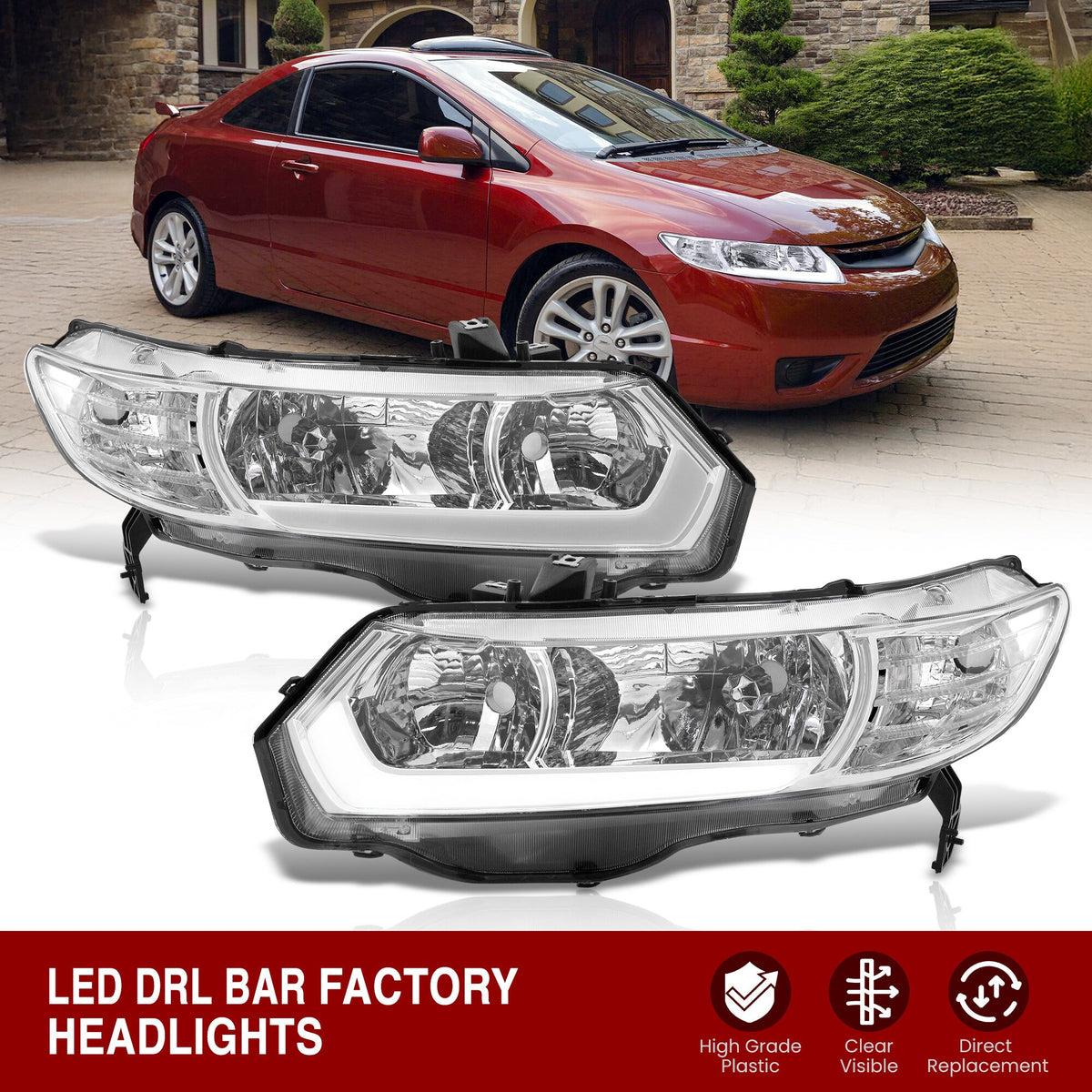 Honda Civic Coupe 2006-2011 LED DRL Bar Factory Style Headlights Chrome Housing Clear Len Clear Reflector — additional product view