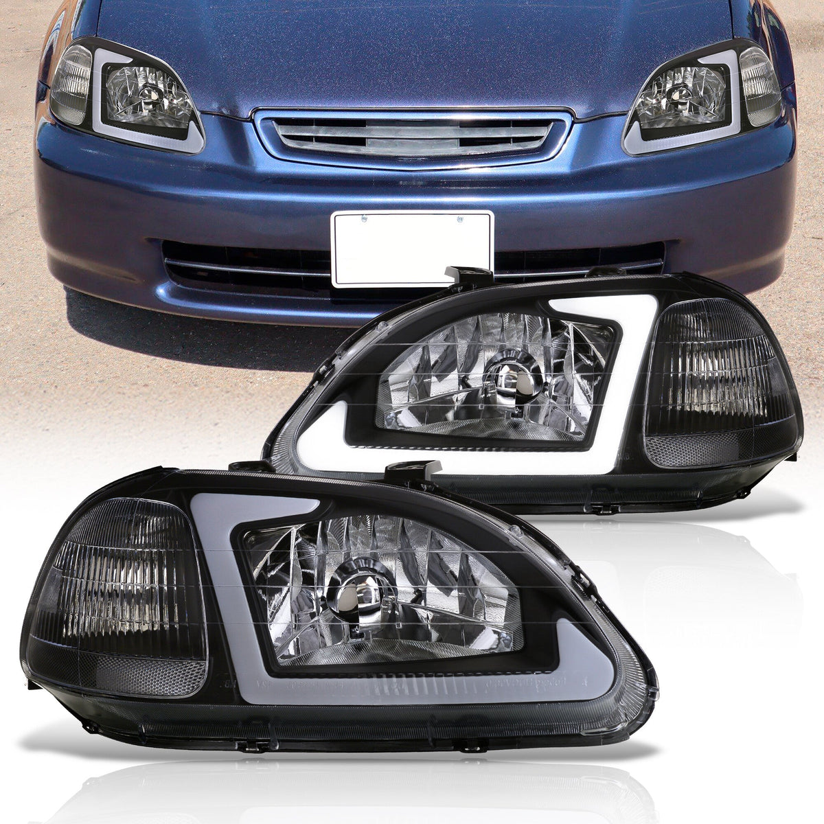 Honda Civic 1996-1998 LED DRL Bar Factory Style Headlights Black Housing Clear Len Clear Reflector