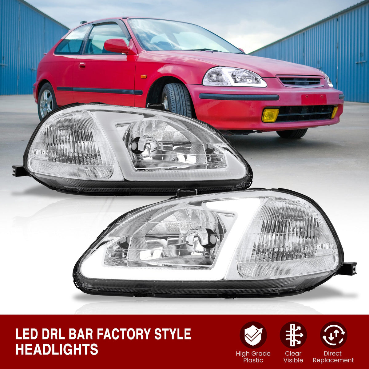Honda Civic 1996-1998 LED DRL Bar Factory Style Headlights Chrome Housing Clear Len Clear Reflector — additional product view