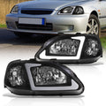 Honda Civic 1999-2000 LED DRL Bar Factory Style Headlights Black Housing Clear Len Clear Reflector