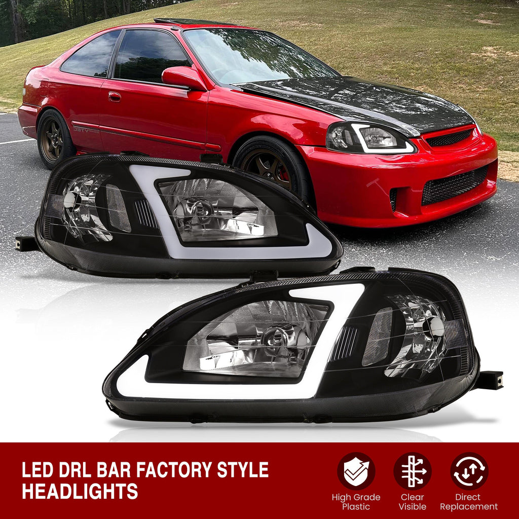 Honda Civic 1999-2000 LED DRL Bar Factory Style Headlights Black Housing Clear Len Clear Reflector — additional product view