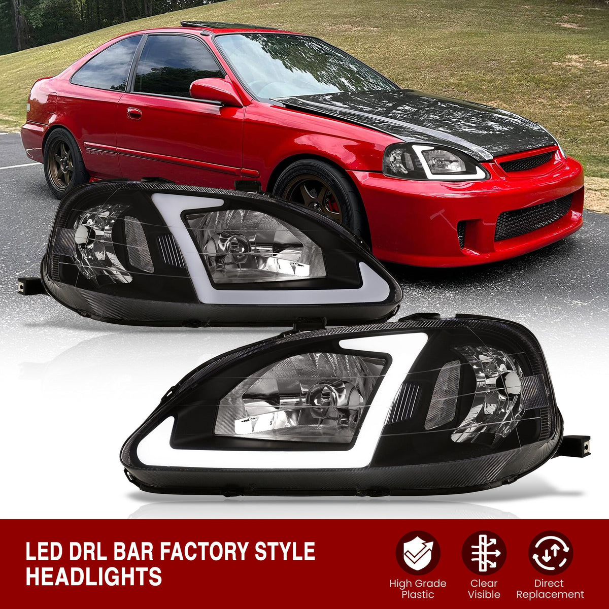 Honda Civic 1999-2000 LED DRL Bar Factory Style Headlights Black Housing Clear Len Clear Reflector — additional product view