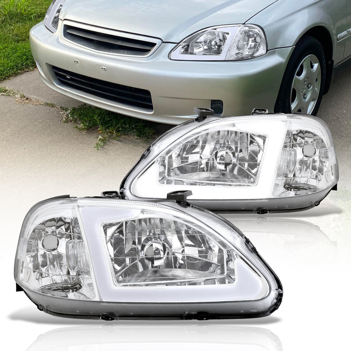 Honda Civic 1999-2000 LED DRL Bar Factory Style Headlights Chrome Housing Clear Len Clear Reflector